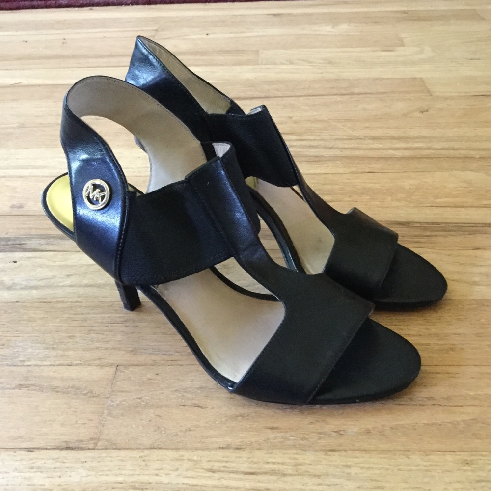 MICHAEL KORS BLACK LEATHER LOGO HEELS SANDALS SHOE